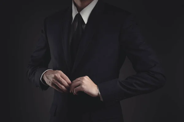 Close Shot Businessman Black Suit Elegant Handsome Black Background — Stock Photo, Image