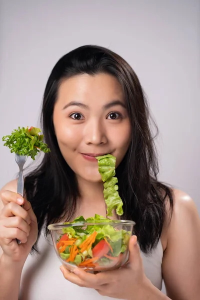Gesunder Lebensstil Mit Clean Food Konzept Glücklich Asiatische Frau Essen — Stockfoto