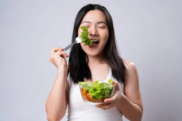 Hälsosam Livsstil Med Konceptet Ren Mat Glad Asiatisk Kvinna Äter — Stockfoto