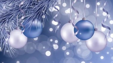 Noel arkaplanı 4K, Noel topları, köknar dalı, yılanlar ve bokeh, hareket grafikleri