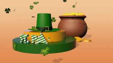 Aziz Patrik Günü, şapkalı 3D animasyon, altın sikkeler ve yoncalar, hareketli grafikler