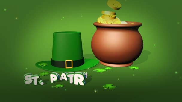 聖パトリックの日,帽子と3Dアニメーション,ポットと金のコインを落下,モーショングラフィックス — ストック動画