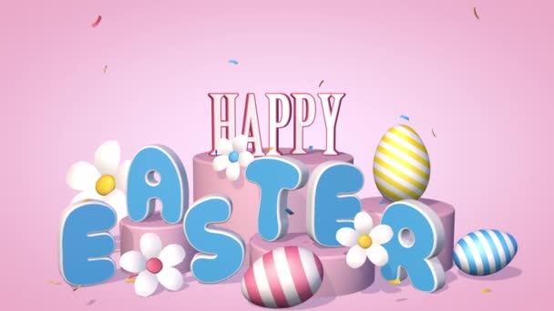 Frohe Ostern, 3D-Animation mit Eiern, Blumen und Konfetti, Bewegungsgrafik — Stockvideo