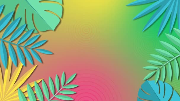 Verano colorido bucle de fondo 4K, animación plana con hojas tropicales, gráficos en movimiento — Vídeo de stock