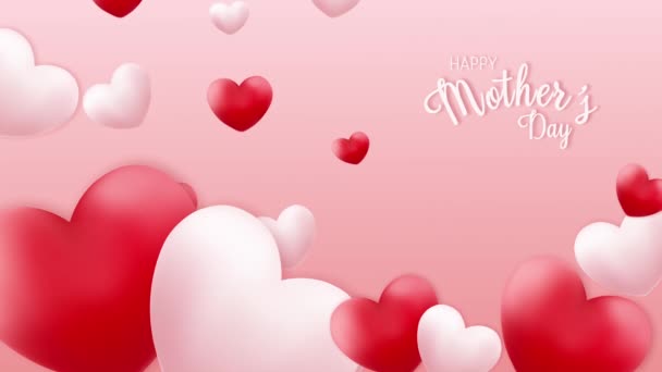 Happy Mothers Day Animatie, loop achtergrond 4K met witte en roze hartjes, motion graphics — Stockvideo