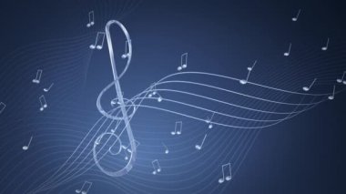 Mavi arkaplanda Dönen Müzik Notaları ve Treble Anahtarı, döngü animasyonu 4K, hareket grafikleri