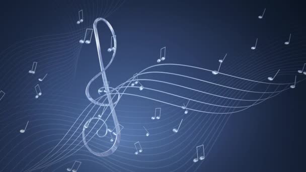 Rotating Musical Notes and Treble Clef on the blue background, loop animation 4K, motion graphics — Stock Video
