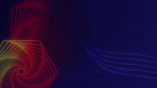 Arte de línea geométrica, formas coloridas en el fondo azul oscuro, animación de bucle 4K, gráficos en movimiento — Vídeos de Stock