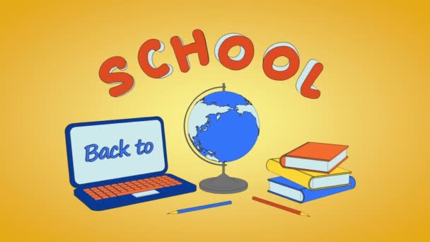 Назад в школу мультфильм с ноутбуком, глобусом и книгами, графикой движения — стоковое видео