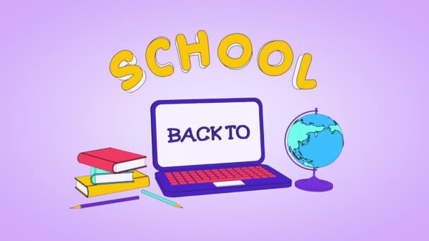 Volver a Animación de dibujos animados de la escuela con título, ordenador portátil, globo y libros, gráficos en movimiento — Vídeos de Stock