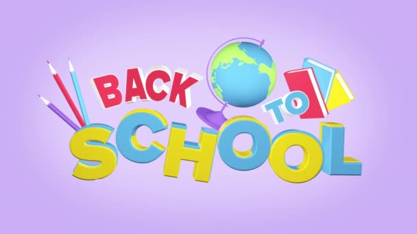 Back to School 3D animation 4K with title, globe and books, motion graphics — Stock Video