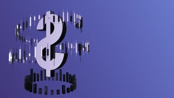 Fondo financiero de negocios con un gráfico de velas giratorio alrededor del signo del dólar en un bucle sin costuras, animación 4K, gráficos en movimiento — Vídeos de Stock