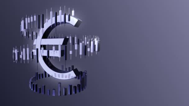 Fondo financiero empresarial con un gráfico de velas giratorio alrededor del signo del euro en un bucle sin fisuras, animación 4K, gráficos en movimiento — Vídeo de stock