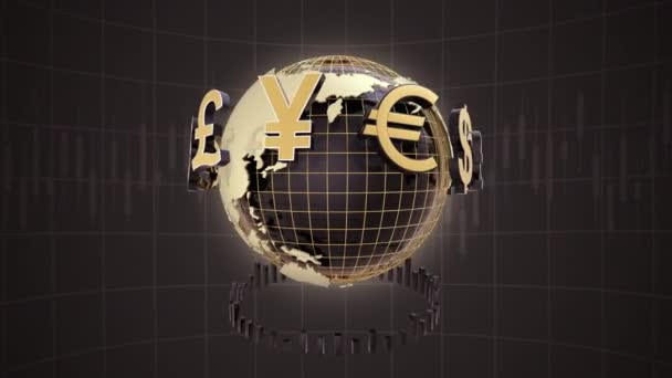 Финансовый фон бизнеса с вращающимися валютными символами по всей земле — стоковое видео