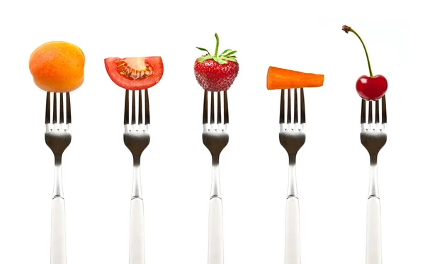 Fruits and vegetables on the collection of forks — Stock Photo, Image