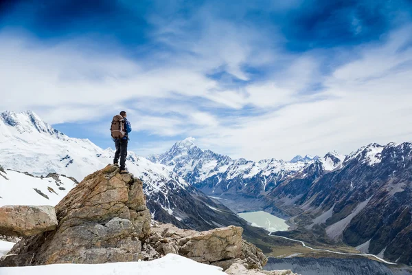 徒步旅行者在山顶上的背包 — 图库照片