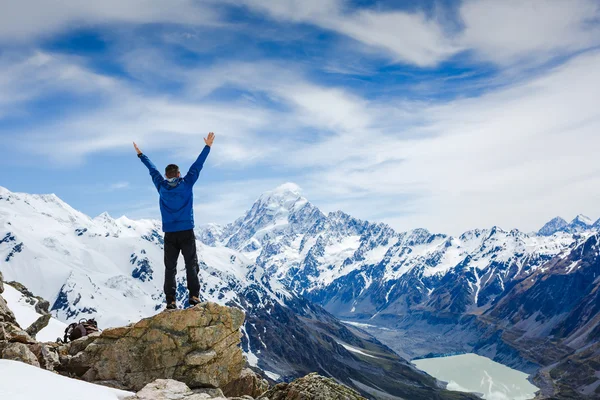 欢呼的徒步旅行者双臂上举 — 图库照片