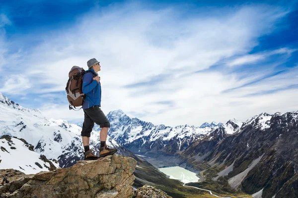 Tourist mit Rucksack und Bergpanorama — Stockfoto