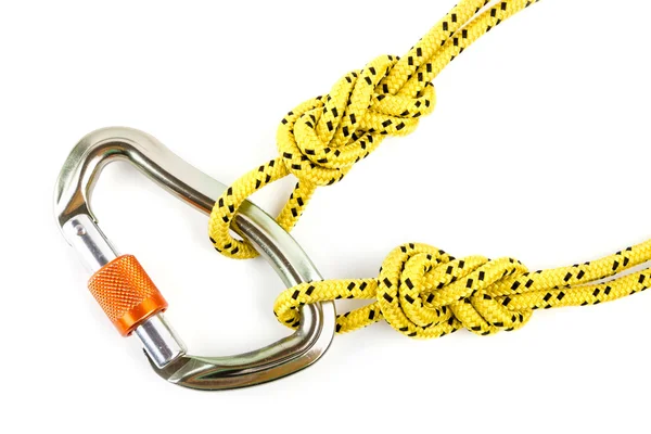 Mountaineers' carabiner with climbers rope — Stock Photo, Image