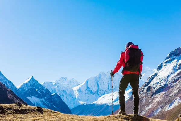 Excursionista con la mochila en las montañas — Foto de Stock