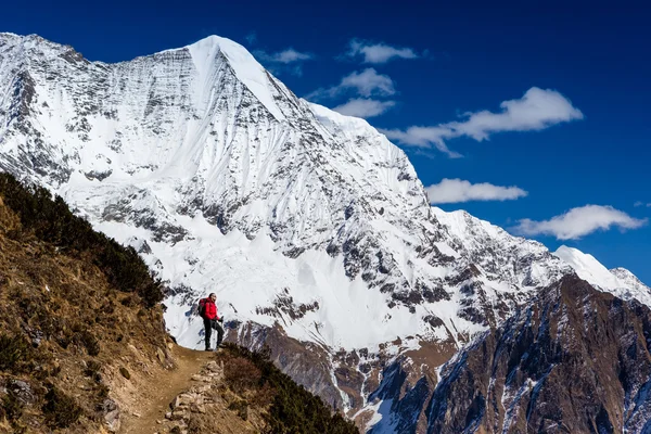 Excursionista con la mochila en las montañas — Foto de Stock
