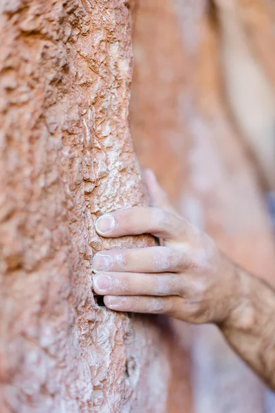 Die Hand des Bergsteigers im Griff — Stockfoto