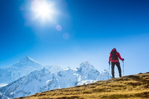 Hiker in Himalayas mountains — Stock Photo, Image