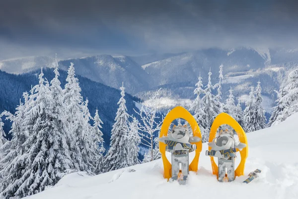 Sapatos de neve em montanhas nevadas — Fotografia de Stock