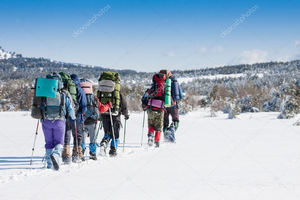 group of hikers in mountains