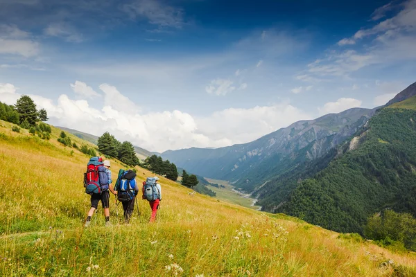 Grupo de caminhantes com mochilas caminhando — Fotografia de Stock