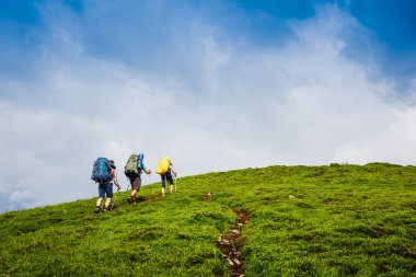 Yaz dağlarda takım hiking. seyahat spor yaşam tarzı kavramı