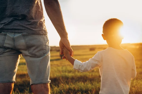 Pai Filho Mãos Dadas Campo Pôr Sol Pai Levando Filho — Fotografia de Stock