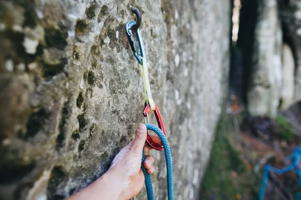 Close Rock Climber Hand Clipping Rope Quick Draw Caribener Cliff — Stock Photo, Image