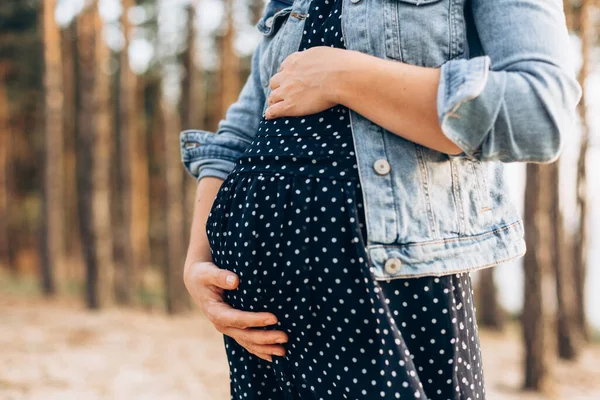 Embarazada Mujer Vestido Toma Mano Vientre Fondo Naturaleza — Foto de Stock