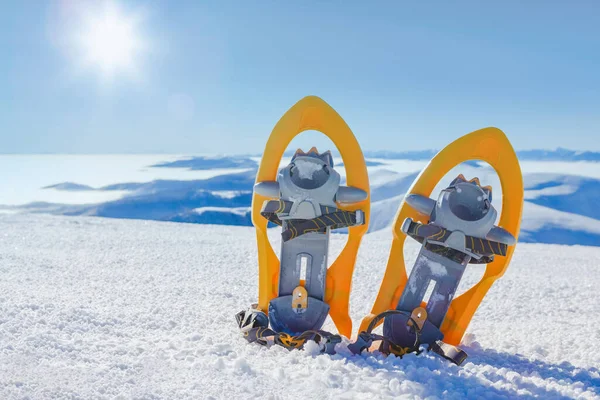 Raquetas Nieve Nieve Las Montañas Invierno Con Hermoso Paisaje — Foto de Stock