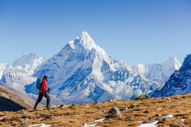 Dağlarda yürürken mutlu yürüyüşçüler. Himalayalar, Everest Merkez Kampı, Nepal