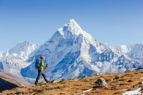 Happy Hiker Walking Mountains Freedom Happiness Achievement Mountains Himalayas Everest — Stock Photo, Image