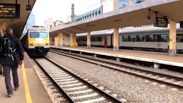 Поезд прибывает на вокзал Брюсселя — стоковое видео