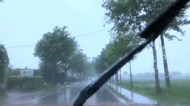 Rijden op een landweggetje in hevige regen met ruitenwissers op — Stockvideo