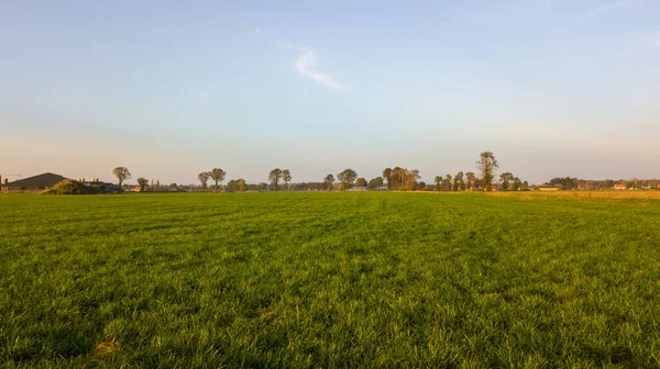 Colorido amanecer o atardecer sobre un campo de cultivo disparado desde lo alto — Foto de Stock