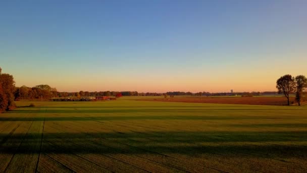 Clip cinematográfico aéreo, Drone volando sobre un campo agrícola durante la puesta del sol — Vídeos de Stock