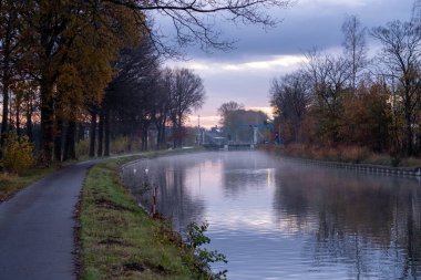 Nehir kanalı çimen kıyıları, yabani çiçekler ve ağaçlarla sisli bir sonbahar sabahı gündoğumunda manzaralı bir arazide bükülüyor.