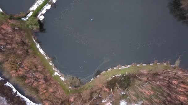 Fåglar syn drönare skott av en skog med lite snö på marken. — Stockvideo