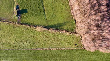 Kırsal bir yolda hava manzarası ve kırsal bölgedeki Renkli Çiftlik Tarlalarında şekiller. Yukarıdan Aşağı Drone Görünümü.