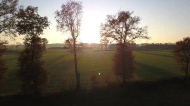 LENS FLARE ile AERİAL Manzara: Altın sonbahar güneş ışınları resimli çekim Rengarenk ağaçlar ve tarlaları aydınlatan cennet kırsal manzara