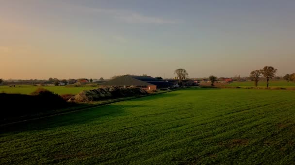 Luchtfoto filmclip, Drone vliegen over een boerderij veld bij zonsondergang — Stockvideo