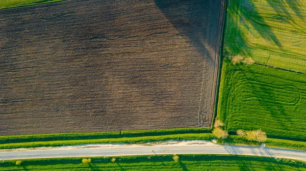 Widok z lotu ptaka geometryczne pola uprawne, przedstawiające zieloną łąkę i pola orane, schwytane dronem — Zdjęcie stockowe