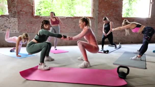 Grupo de belas mulheres jovens ajuste vestindo roupas esportivas juntos fazendo exercícios de aeróbica e fitness em um ginásio. Mulheres fazendo exercício esportivo usando equipamento de fitness. — Vídeo de Stock