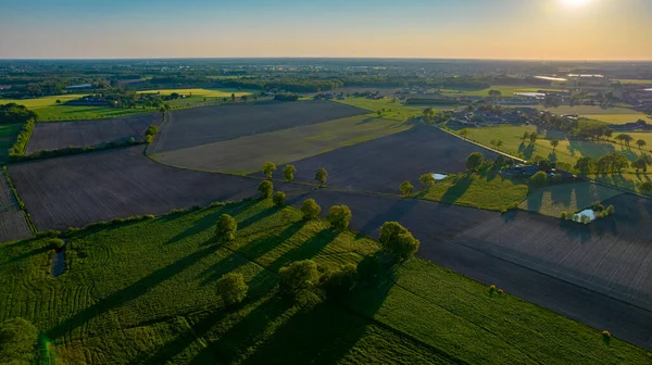 Vista aérea con un dron de un paisaje rural agrícola ondulado de primavera con campos y árboles arados y sin arar en el cielo azul de la noche —  Fotos de Stock
