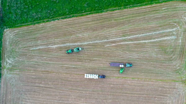 Un tractor agrícola recoge pasto segado para uso agrícola y envuelve fardos de heno en un campo de plástico, paisaje rural vista aérea tomada con un dron —  Fotos de Stock
